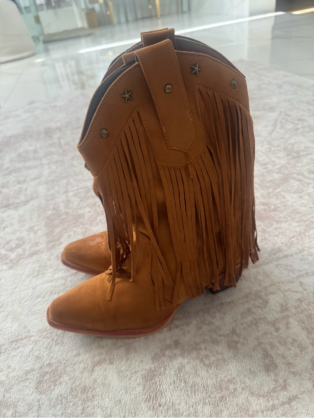 Fringe Western Mid‑Heel Boots - Tan Suede - Picture 4 of 6